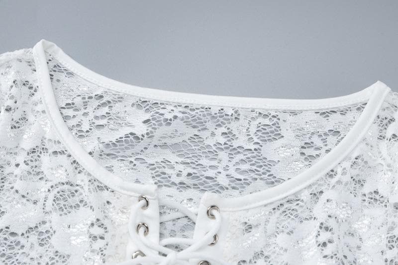 Long flared sleeve lace see through lace up mini dress