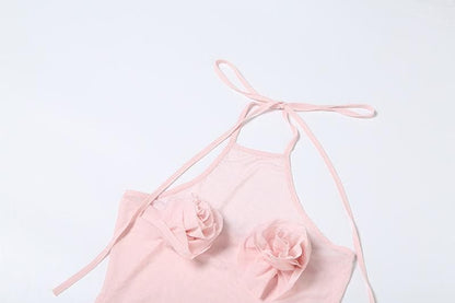 Halter sheer mesh ruffle flower applique mini dress