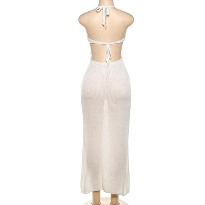 Knitted hollow out see through halter cut out maxi dress