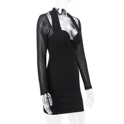 Long sleeve halter mesh zip-up mini dress