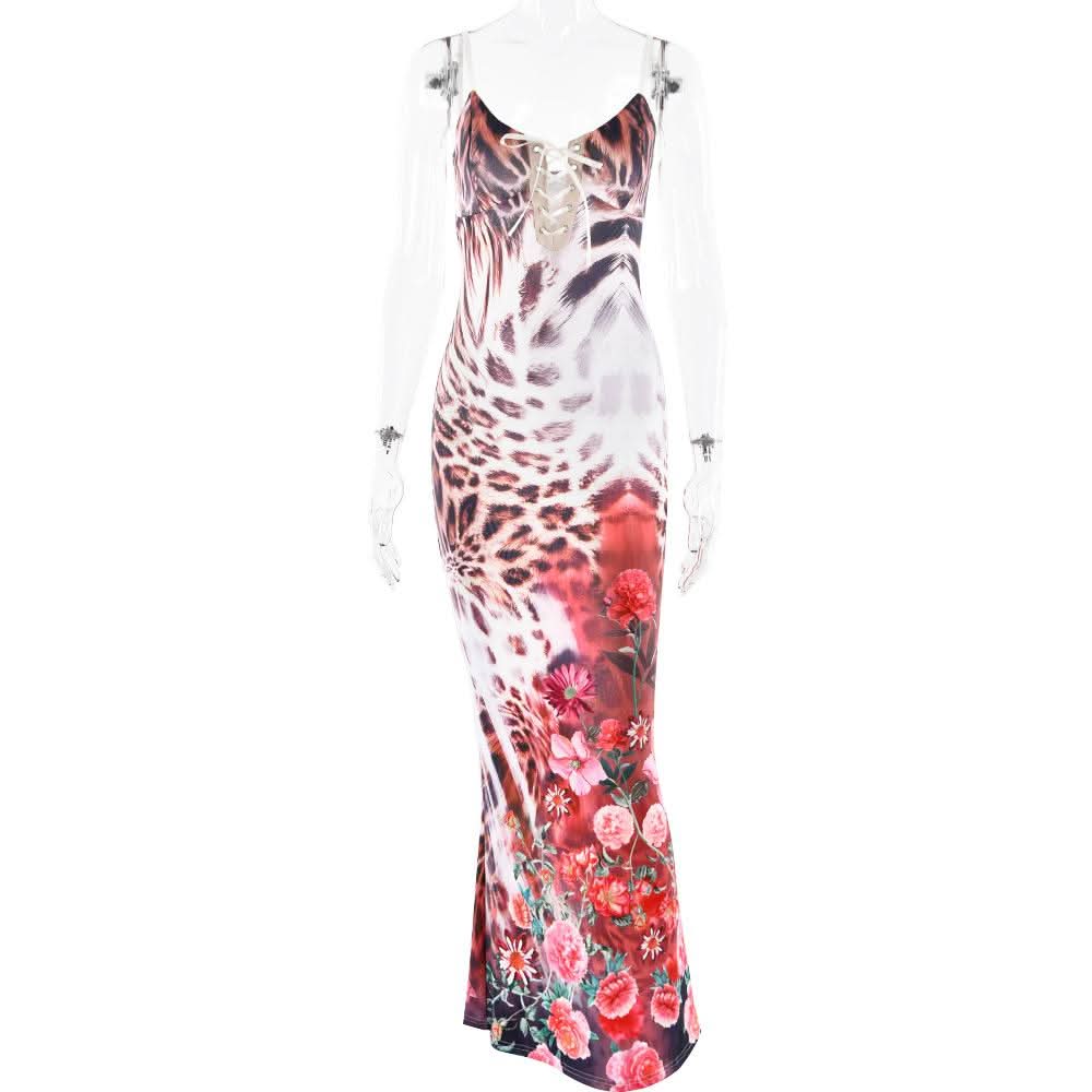V neck self tie leopard print backless cami maxi dress