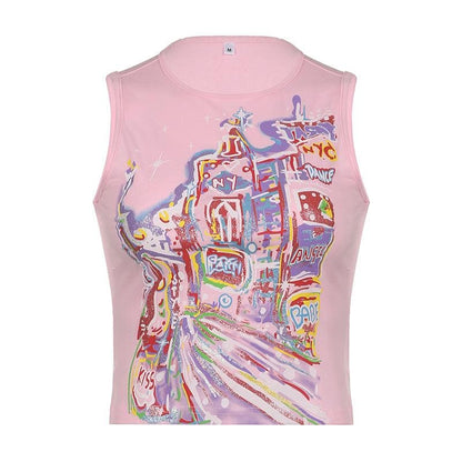 Sleeveless crewneck abstract contrast top