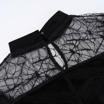 Long flared sleeve velvet patchwork spider web maxi dress