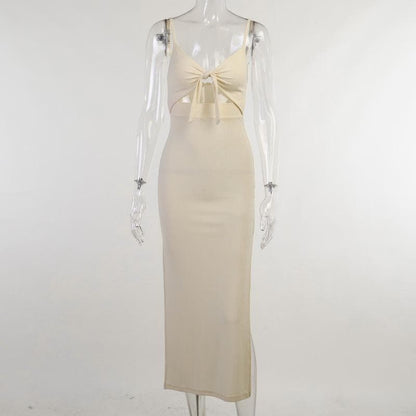 Hollow out slit knotted cami cut out maxi dress