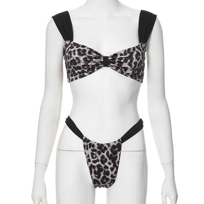 Leopard print patchwork backless crop pant set