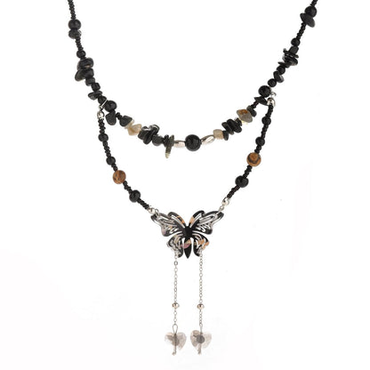 Butterfly decor layered beaded choker necklace