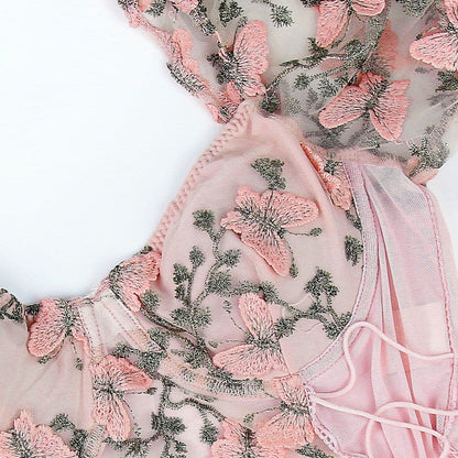 Butterfly embroidery drawstring mesh lace up bustier crop top