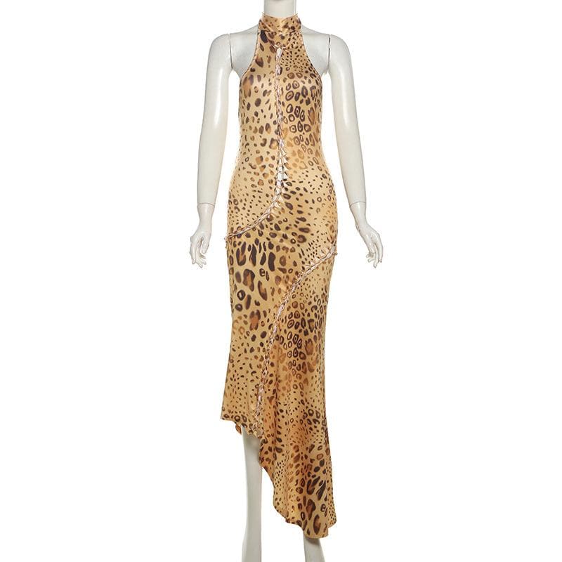 Leopard print halter self tie irregular backless maxi dress