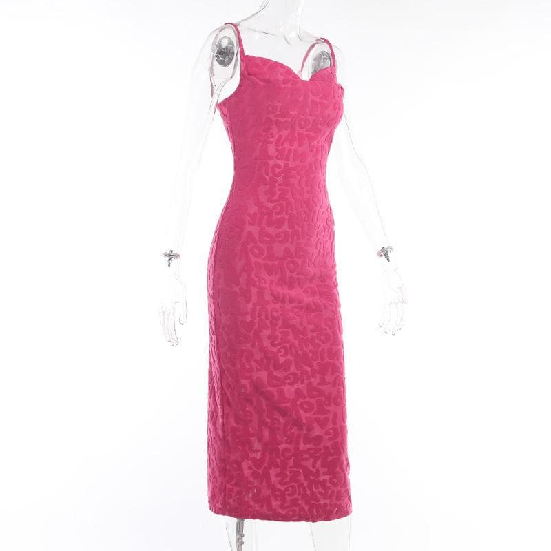 Sweetheart Neck Spaghetti Strap Embossed Letter Texture Bodycon Midi Dress