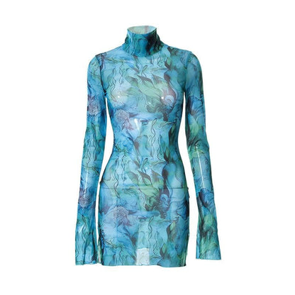 Sheer mesh see through print high neck slit long sleeve mini dress
