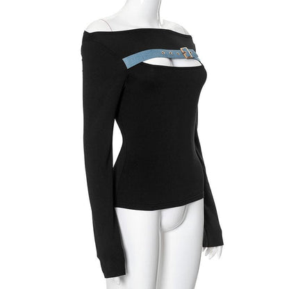 Long sleeve off shoulder buckle hollow out contrast cut out top