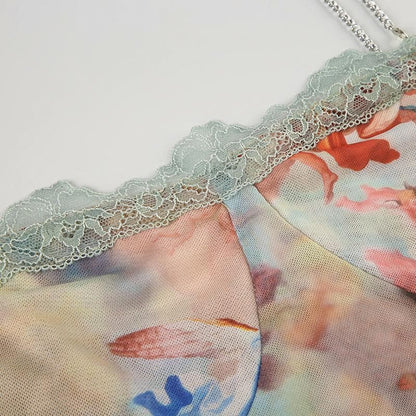 Metal chain print lace hem cami crop top