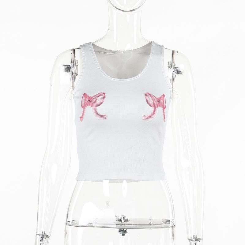 Bowknot pattern ribbed u neck contrast tank top