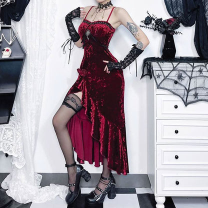 Sweetheart neck velvet flower applique slit cami maxi dress