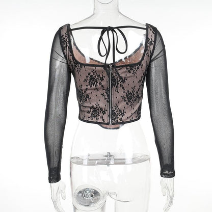 Lace contrast corset long sleeve zip-up self tie top