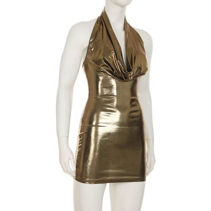 Halter cowl neck metallic backless mini dress