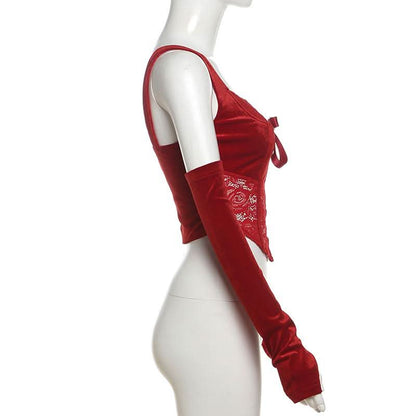 Gloves bowknot lace velvet patchwork cami top-final-sale