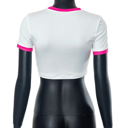 Short sleeve car pattern contrast patchwork crop top