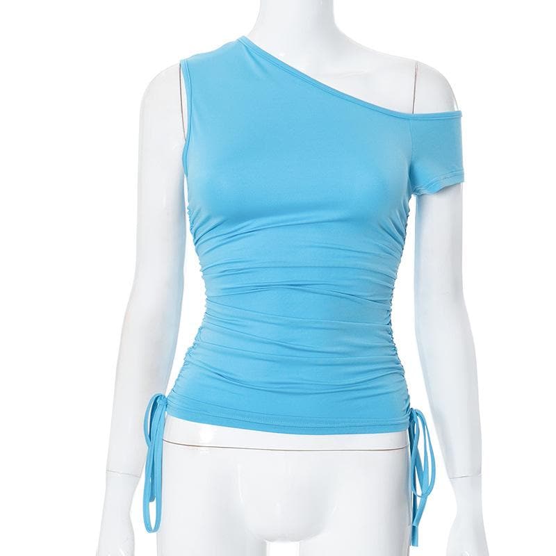 Short sleeve one shoulder ruched drawstring top