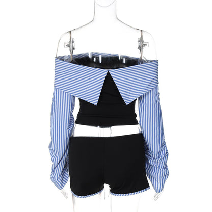 Long sleeve off shoulder striped print pant set