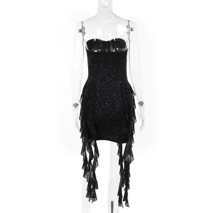 Ruffle ruched beaded sweetheart neck tube mini dress