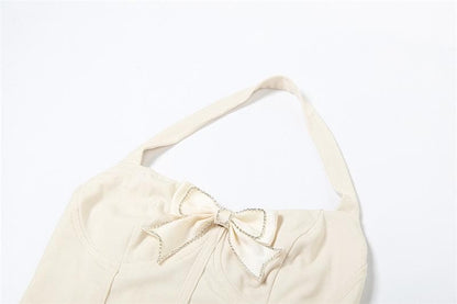 Halter bowknot feather glitter bustier beaded mini dress