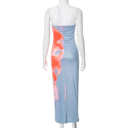 High slit flower print backless tube maxi dress