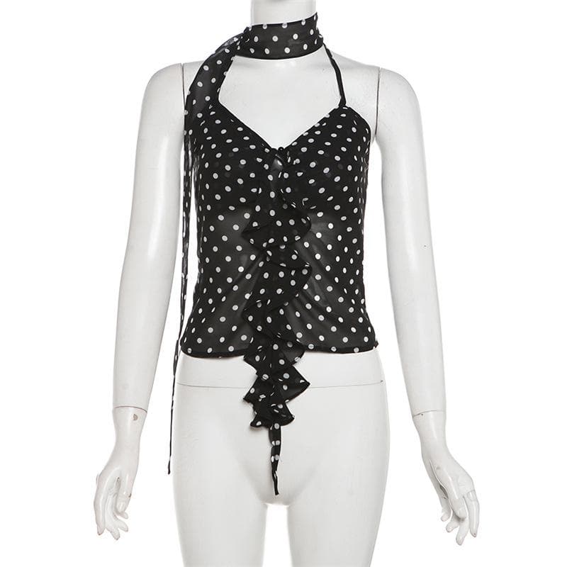 Halter polka dot ruffle chiffon 2 piece see through top