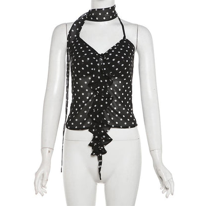 Halter polka dot ruffle chiffon 2 piece see through top