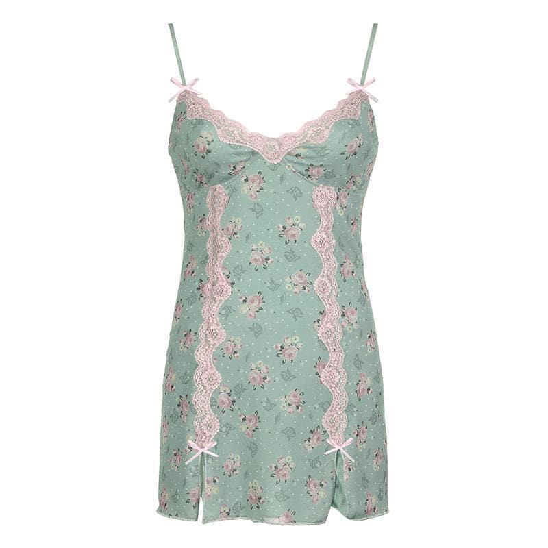 Lace hem bowknot print mesh slit cami mini dress