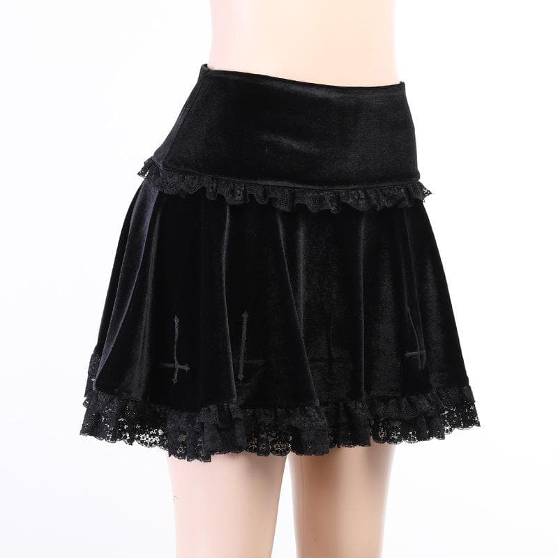 Solid A line lace hem spider web pattern mini skirt