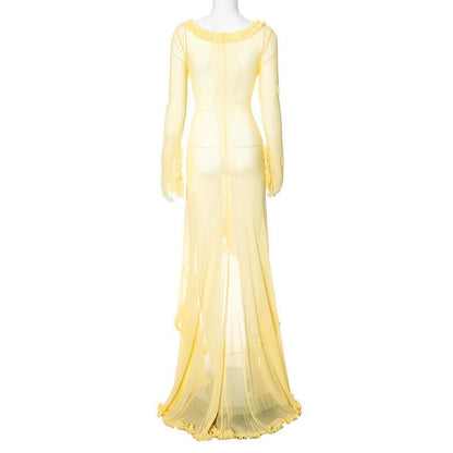 Long sleeve ruffle hollow out v neck sheer mesh cut out maxi dress