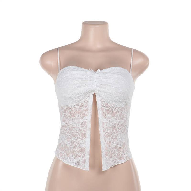 Lace slit ruched bowknot spaghetti strap top