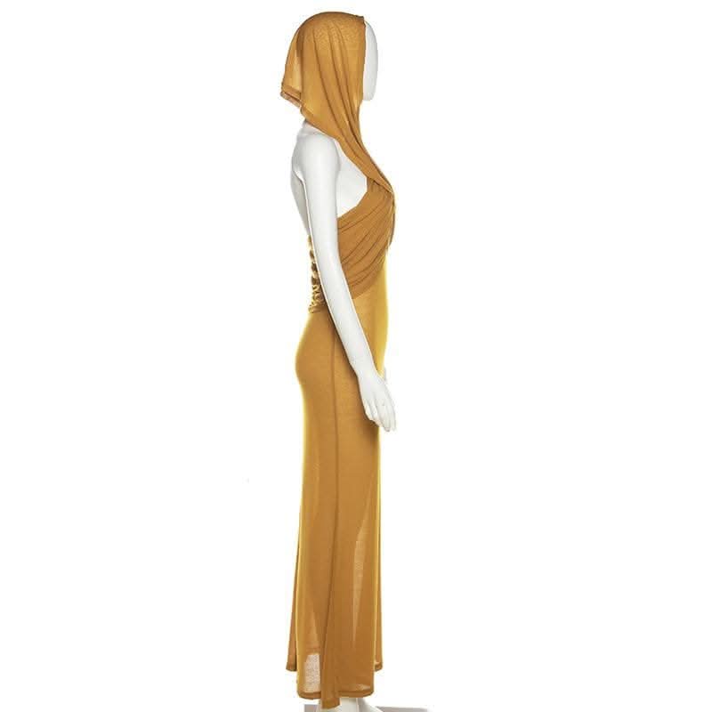 Hoodie solid cross front ruched backless sleeveless maxi dress-final-sale