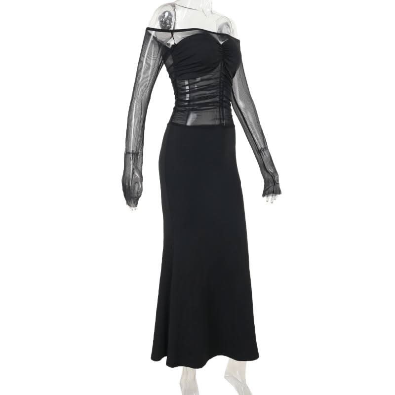 Off shoulder long sleeve mesh patchwork ruched maxi dress