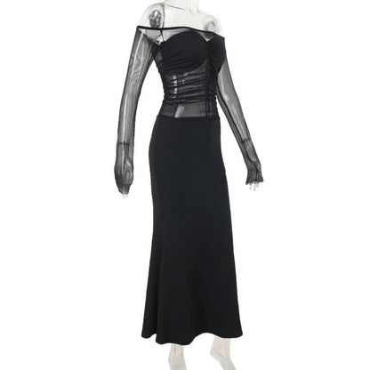 Off shoulder long sleeve mesh patchwork ruched maxi dress