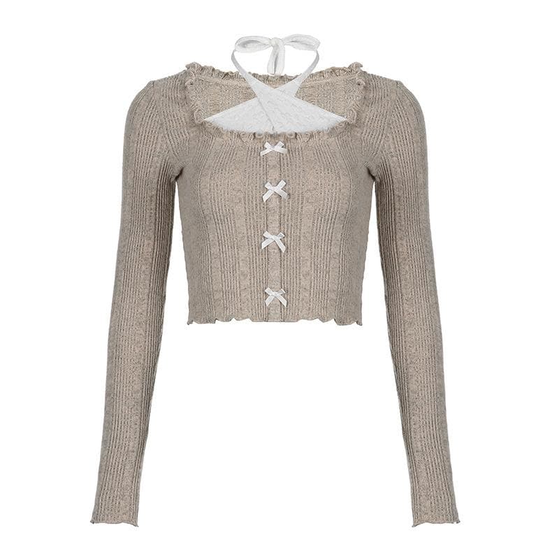 Bowknot contrast halter patchwork ruffle long sleeve top