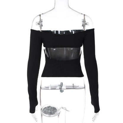Off shoulder long sleeve gloves solid hollow out cut out top