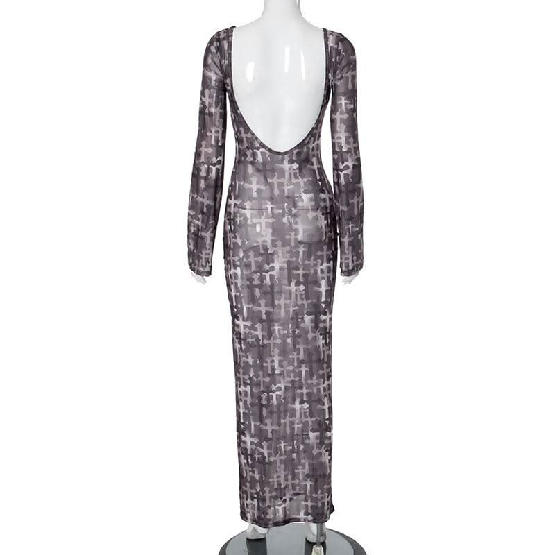 Long sleeve cross print sheer mesh backless maxi dress