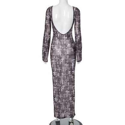 Long sleeve cross print sheer mesh backless maxi dress