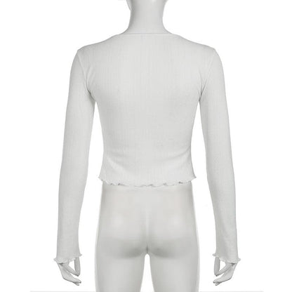 Long sleeve u neck button textured top