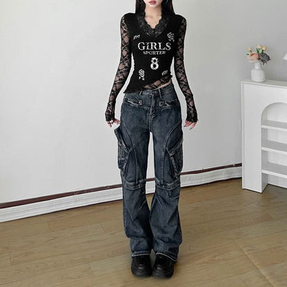 Long sleeve v neck lace print top