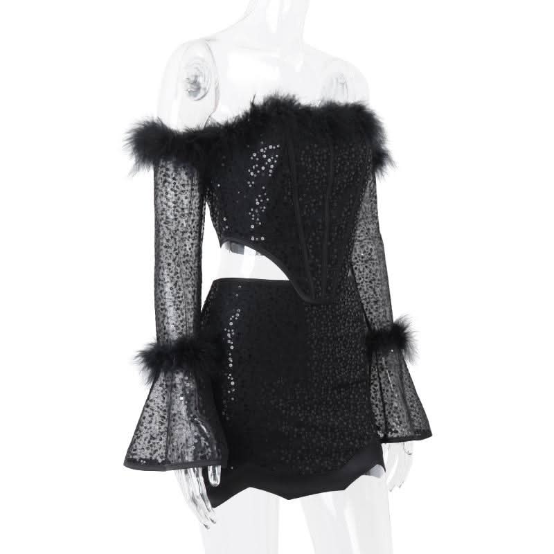 Long flared sleeve glitter feather off shoulder top