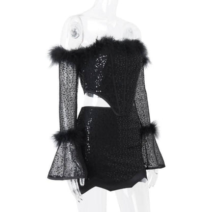 Long flared sleeve glitter feather off shoulder top