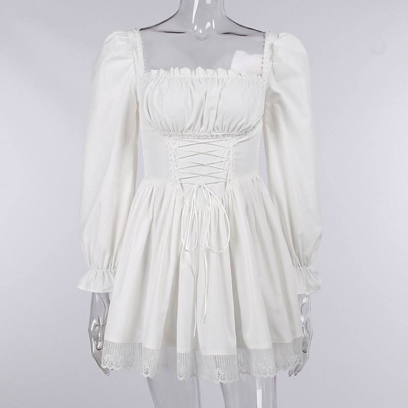 Long sleeve smocked lace up lace hem mini dress
