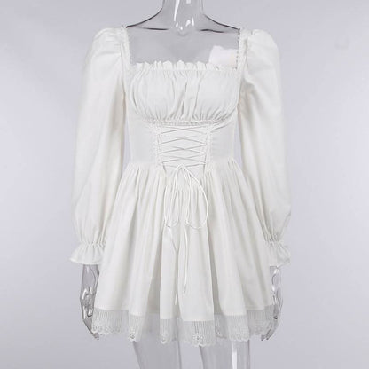 Long sleeve smocked lace up lace hem mini dress