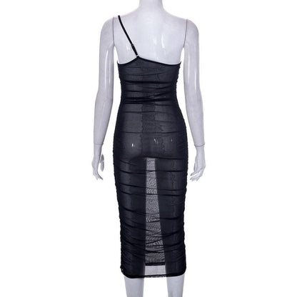 Sheer mesh see through one shoulder ruched irregular midi dress