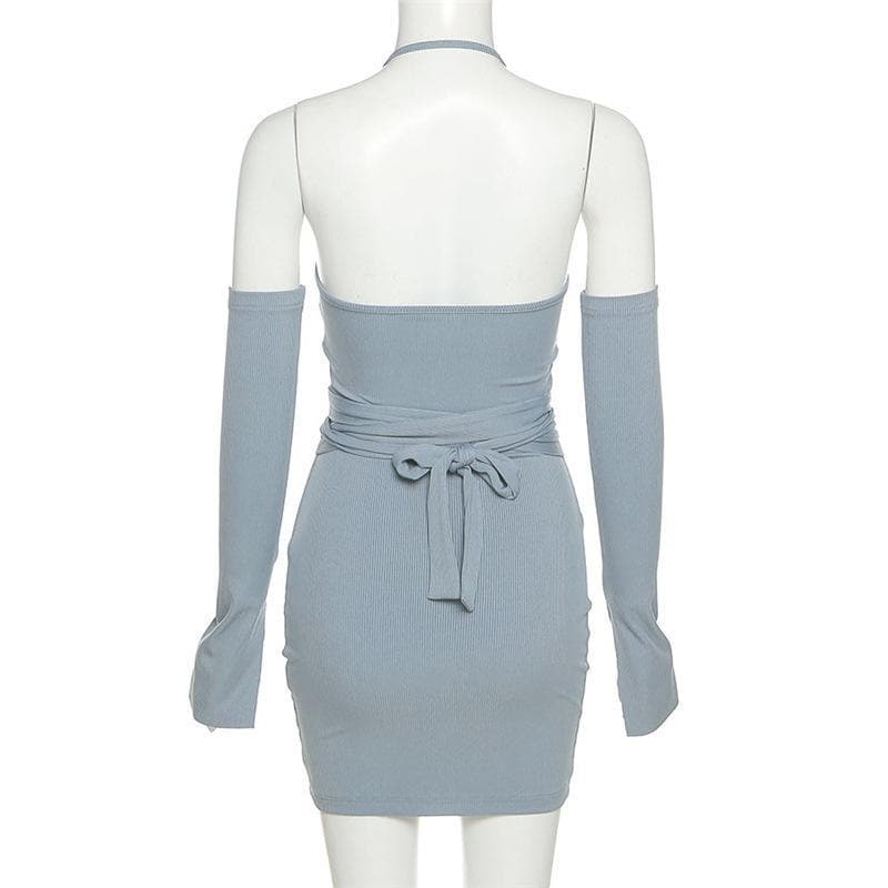 Self tie ribbed metal chain off shoulder long sleeve dress