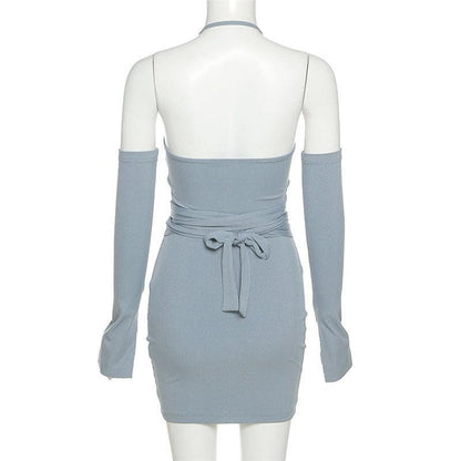 Self tie ribbed metal chain off shoulder long sleeve dress