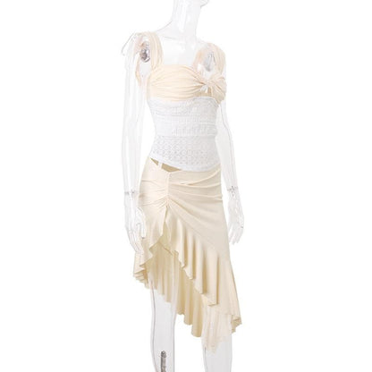 Cap sleeve ruched lace ribbon backless top